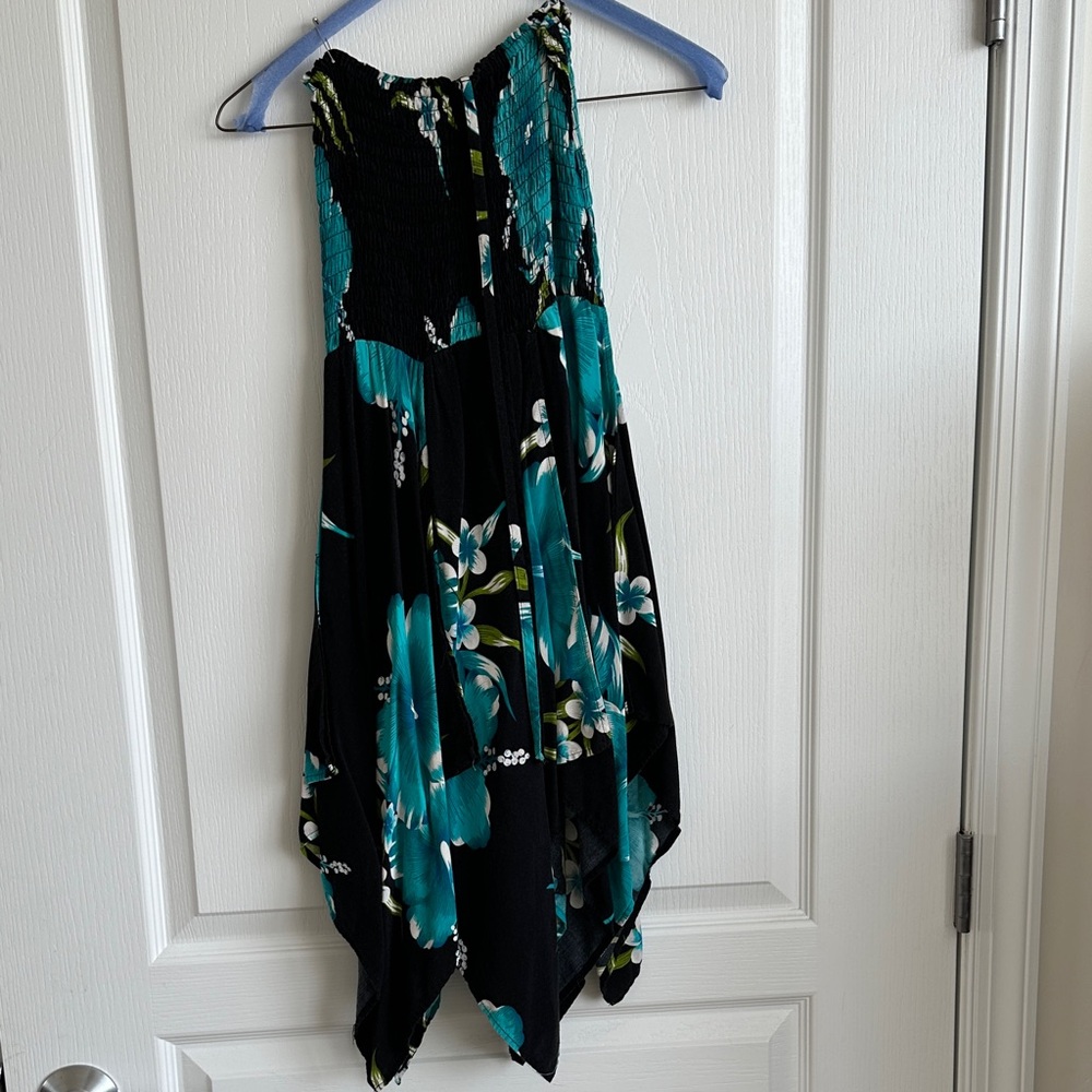 Girls Floral Halter Hawaiian Dress in Black and Teal